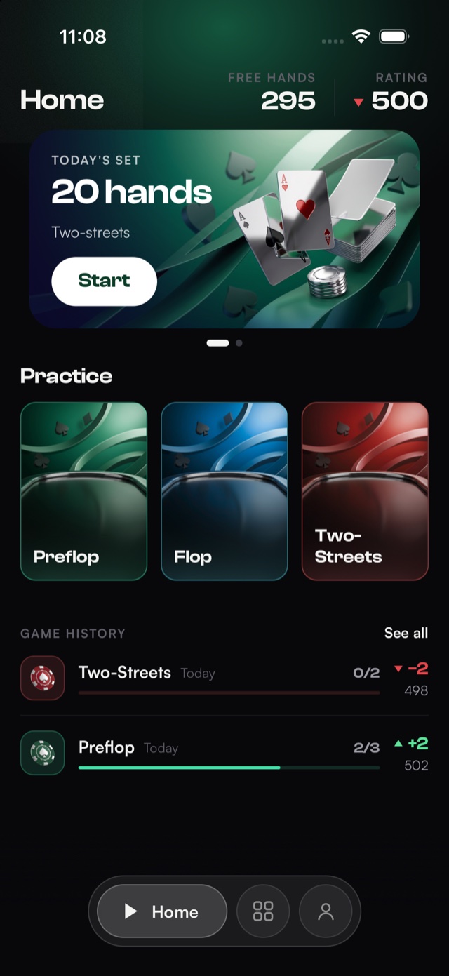 Home screen with today's set and practice modes
