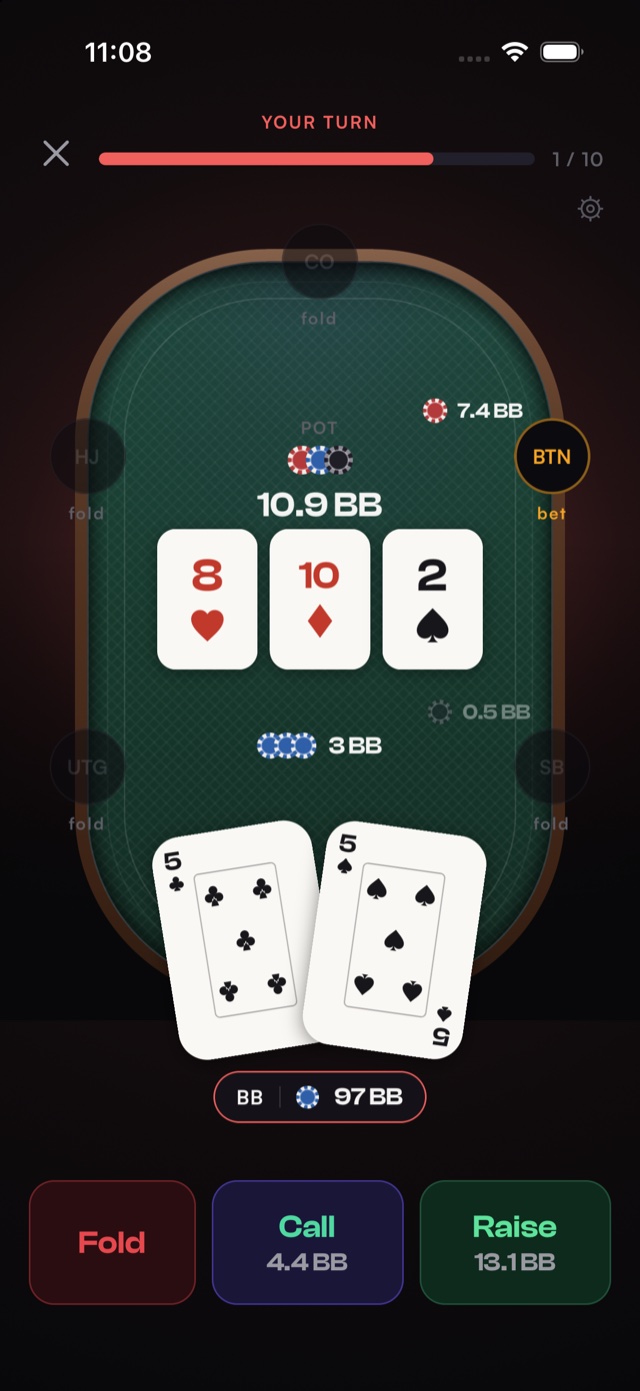 Flop drill with an eight of hearts, ten of diamonds and two of spades on the board