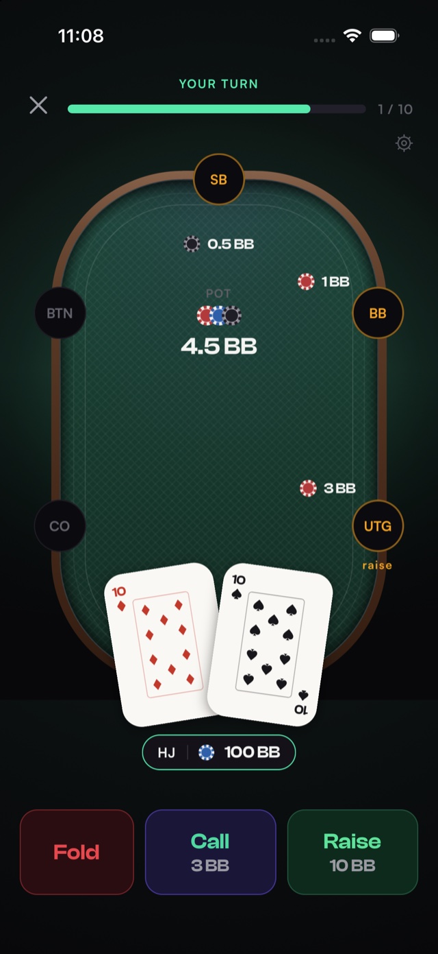 Preflop hand in play: pocket tens in the hijack, 100bb, facing a raise from under the gun with fold, call and raise buttons